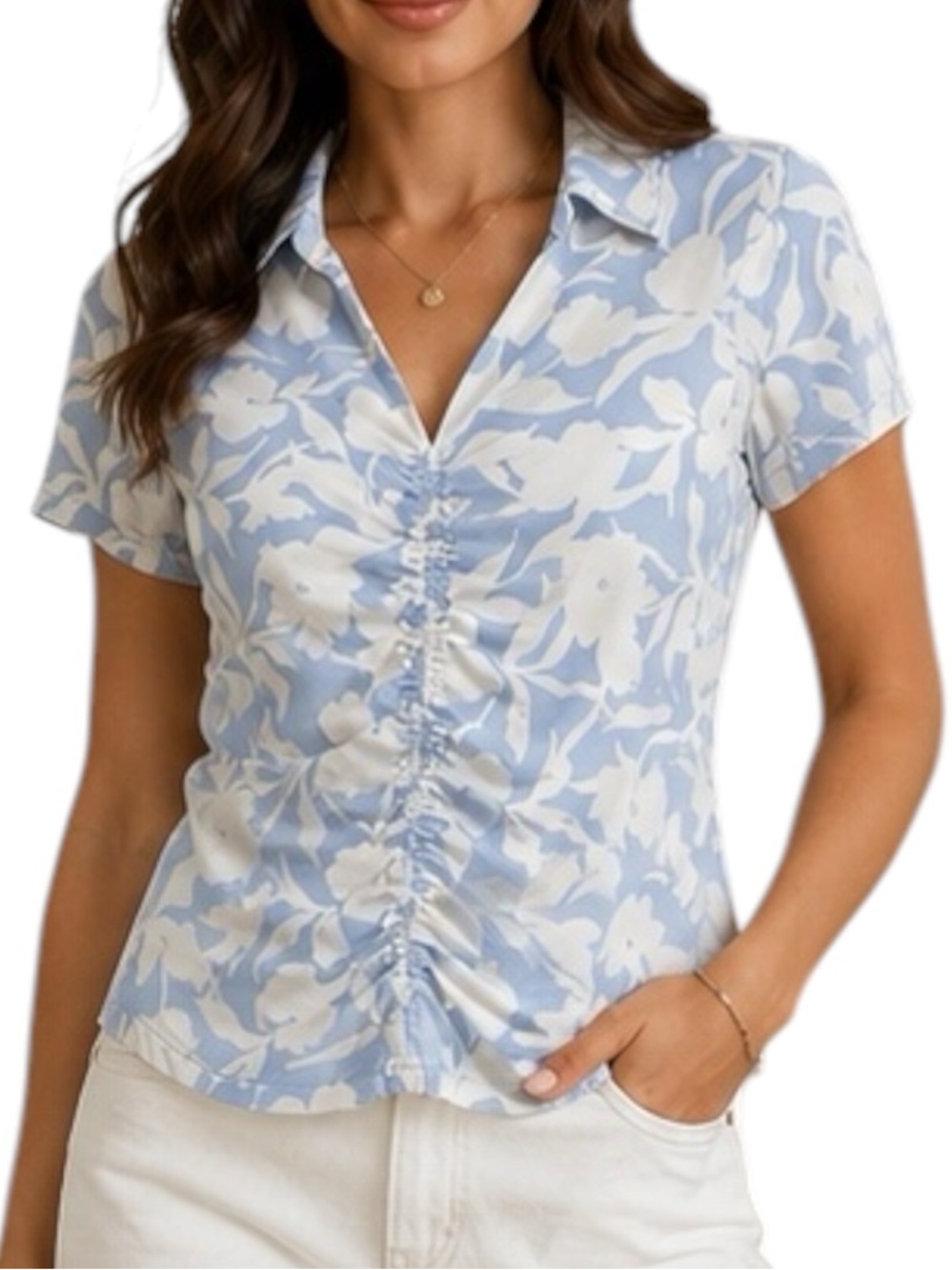 Sanctuary Light Blue & White Floral Ruched Front Shirt